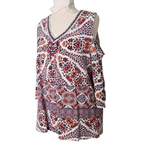 Style & Co Cold Shoulder Embroidered Trim Cotton Boho Chic Top Multicolor Size L - Picture 6 of 15